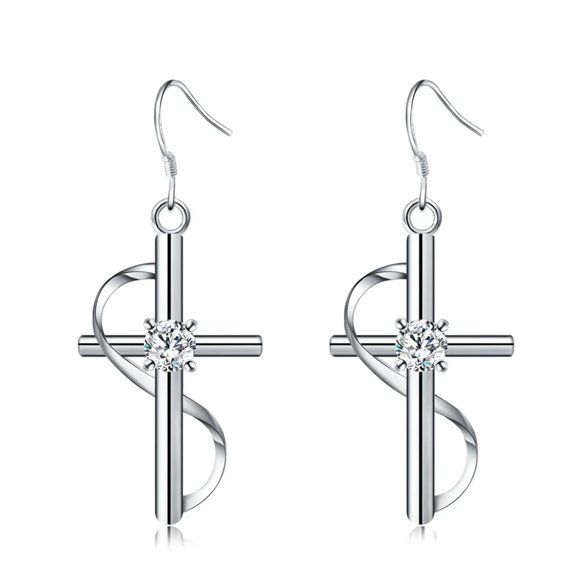 Beautiful Crystal Cross Hanging Earring's Solid 925 Sterling Silver - Picture 8 of 8